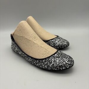 J.Crew Shoes Womens Size 7 Silver Glitter Ballet Flats Round Toe Slip On Italy